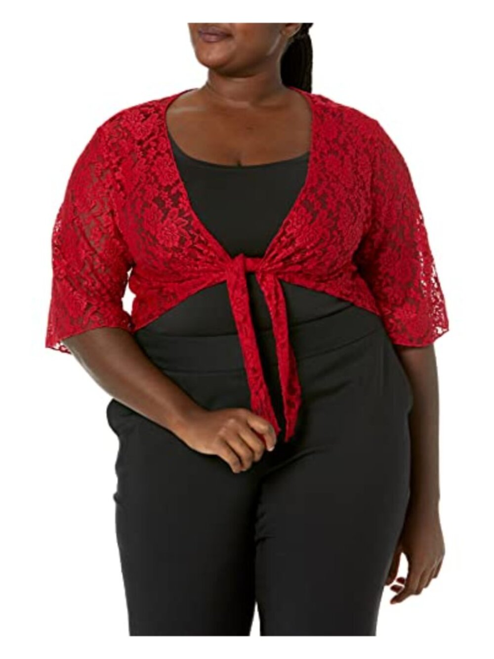 Plus-Size Stretch Lace Tie-Front Shrug Sweater 3/4 Sleeve